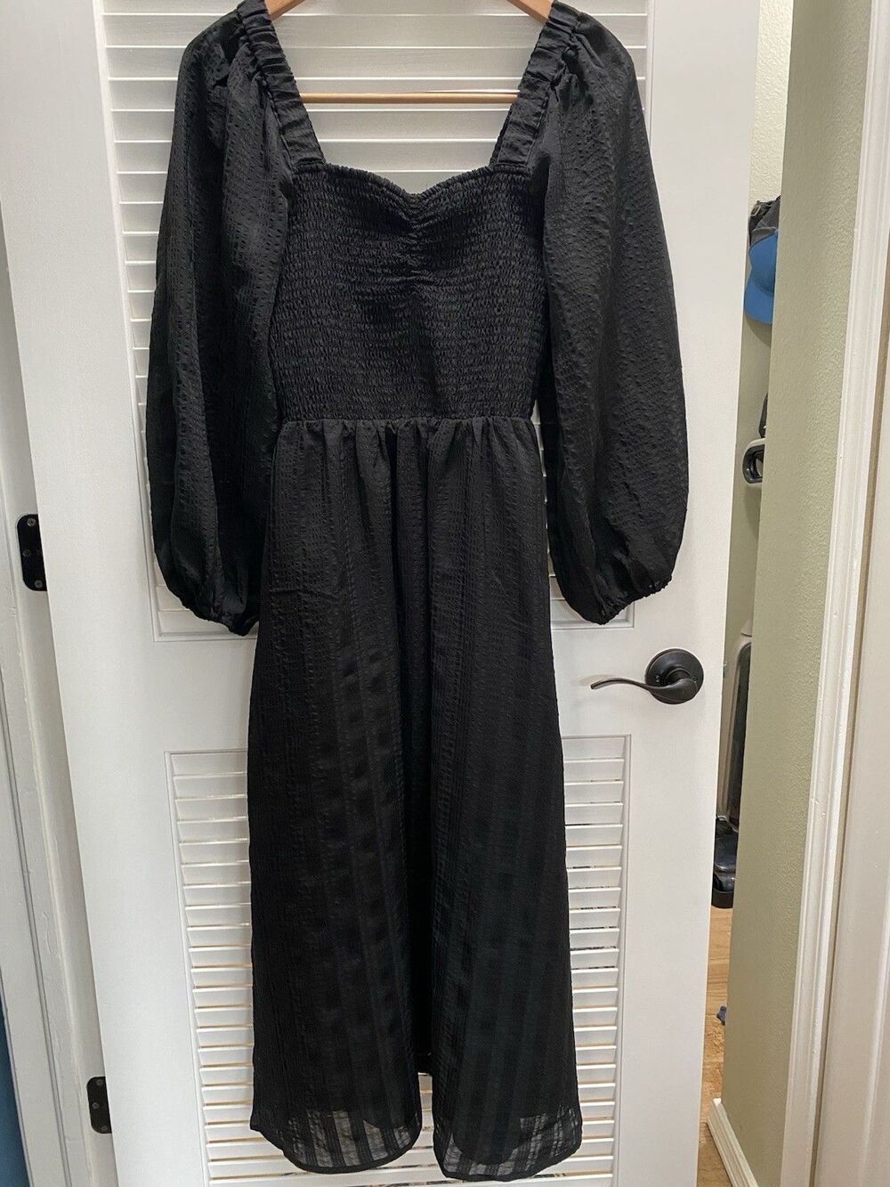 Madewell Black Smocked Puff Sleeve Midi Dress Cottagecore Whimsigoth Women's M
